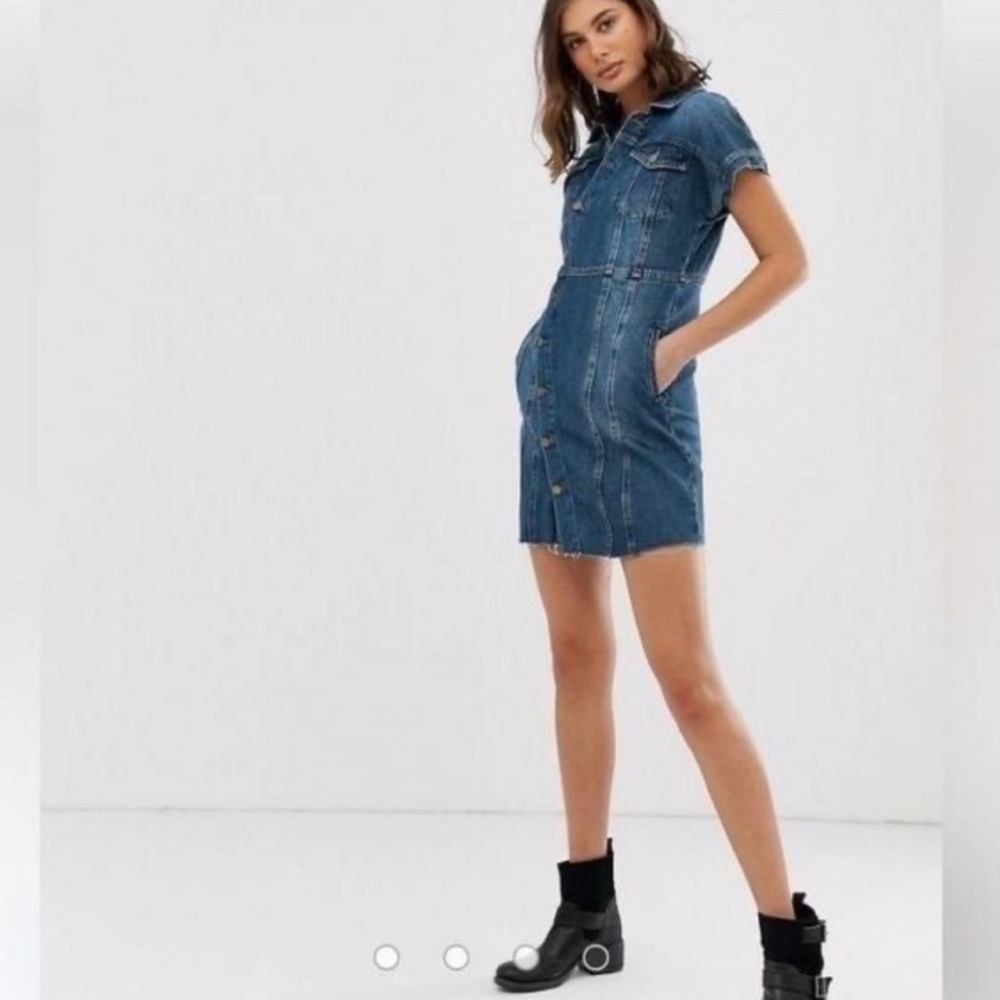 Free People “The City” denim button up dress XS